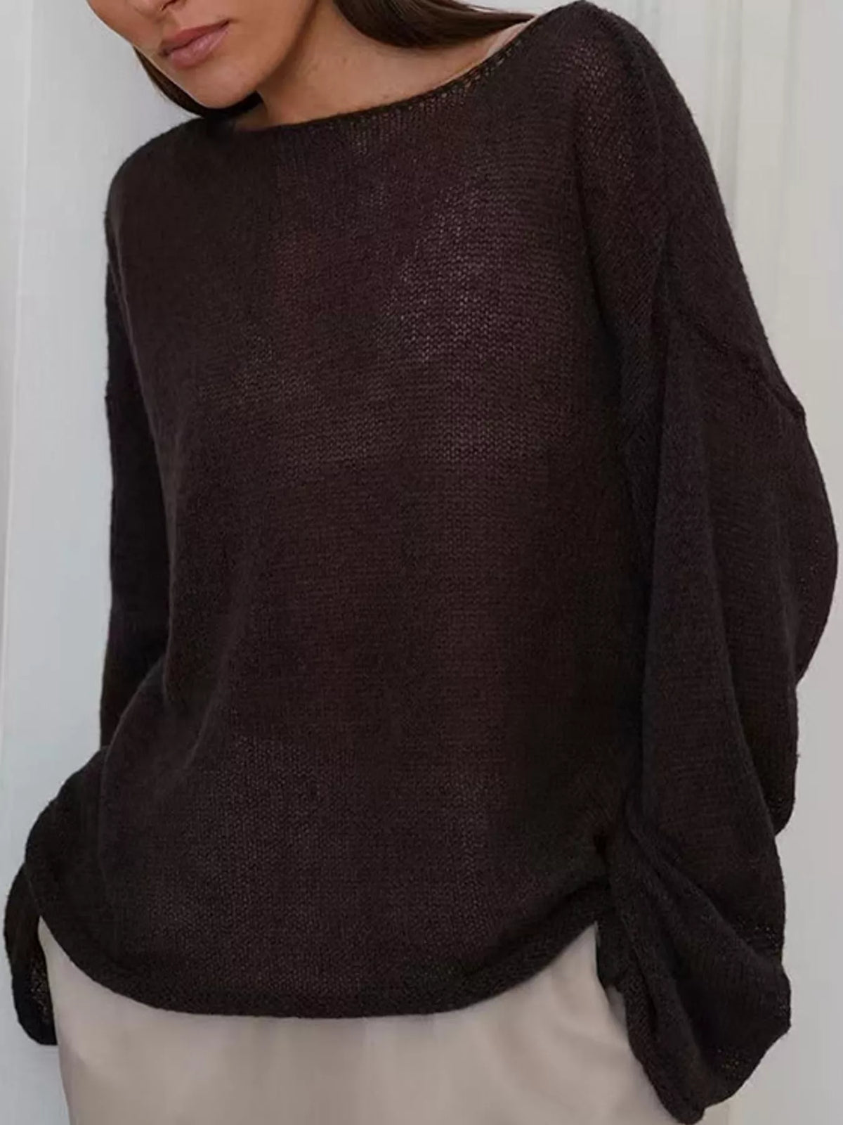 Brown sheer openwork knit long sleeve top