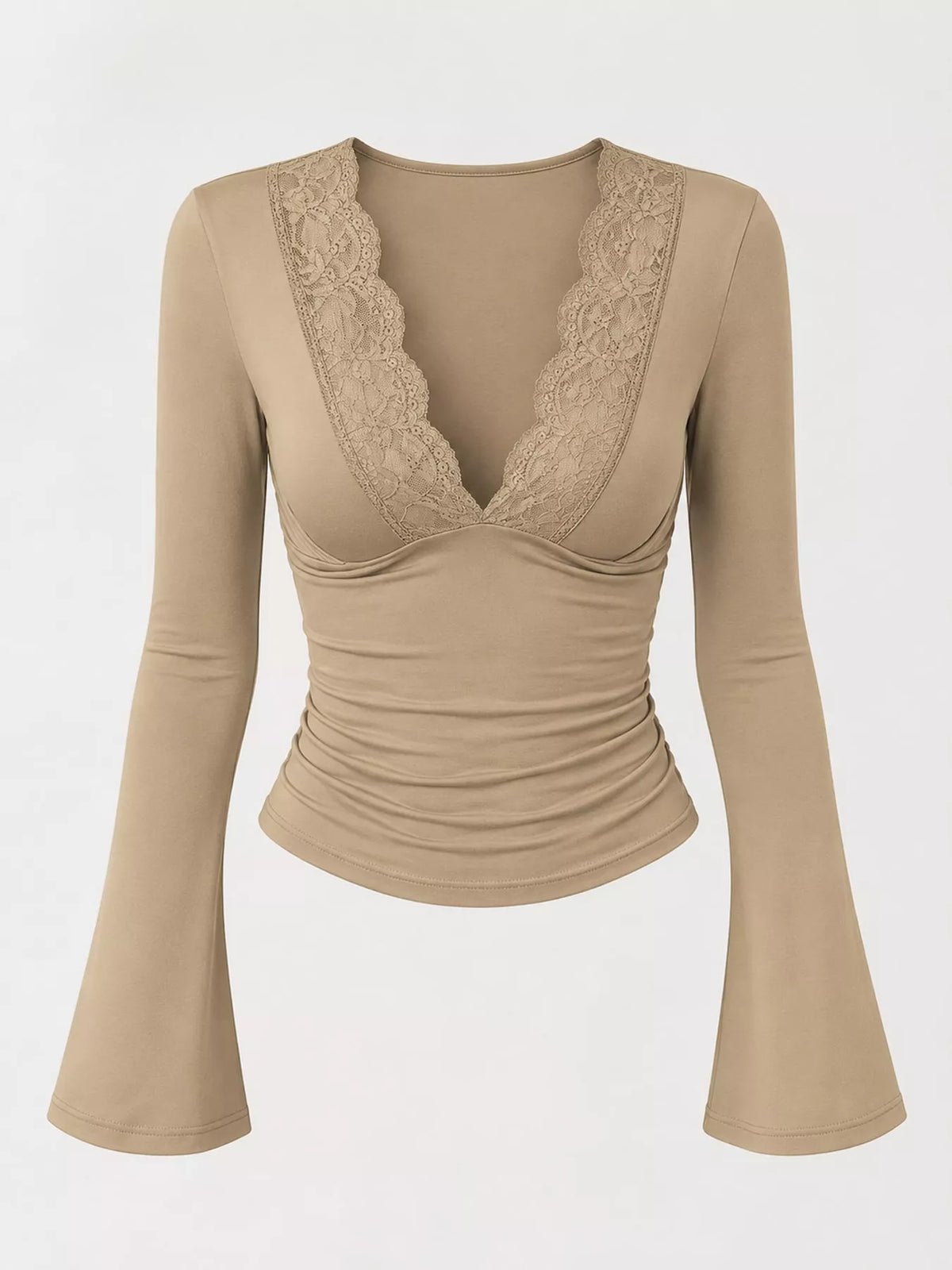 Khaki lace trim v-neck long sleeve slim fit t-shirt