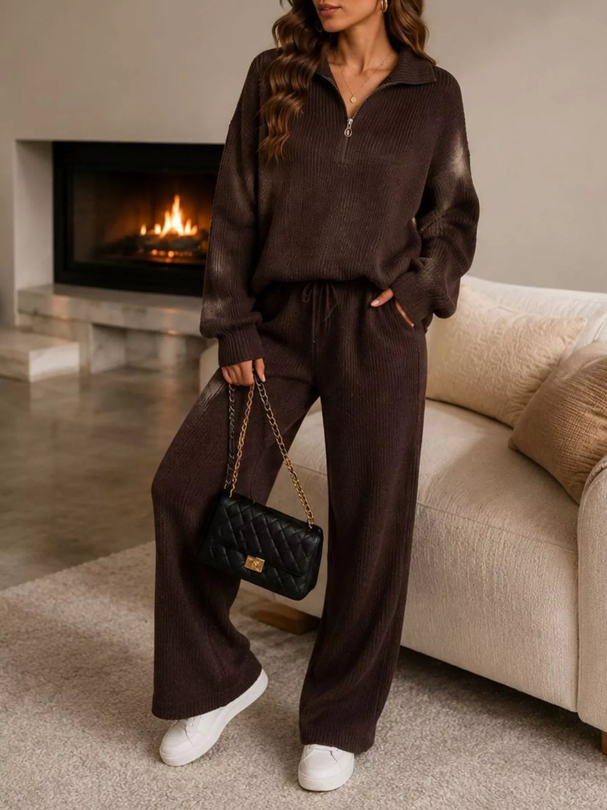 Brown quarter-zip knit top and pants set, full front view