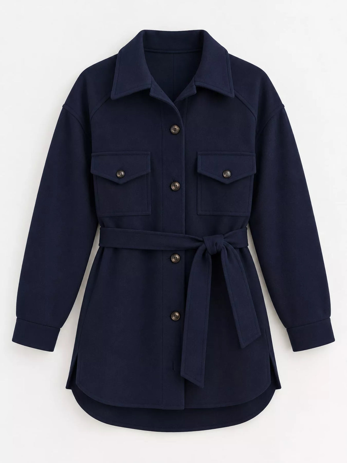 Belted Button-Down Shirt Jacket — garment front