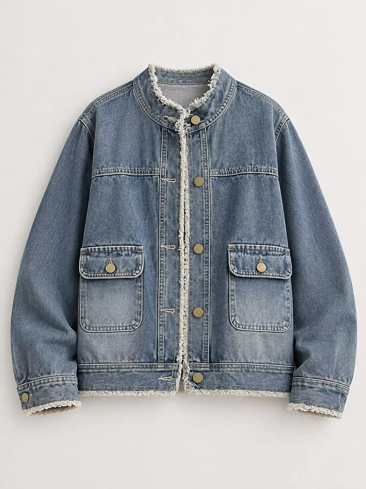 Distressed Frayed-Edge Denim Jacket with Utility Pockets — garment front