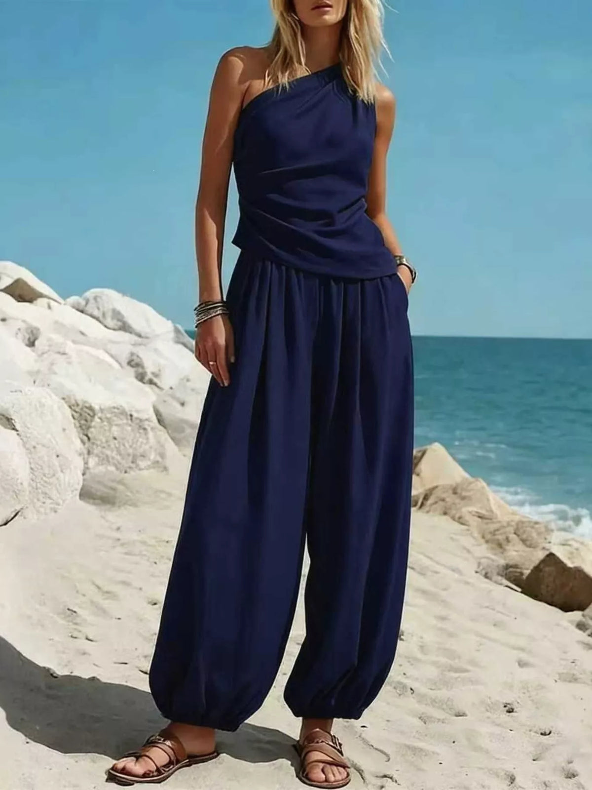 Women's One-Shoulder Sleeveless Top & Harem Pants Set — alternate view 9