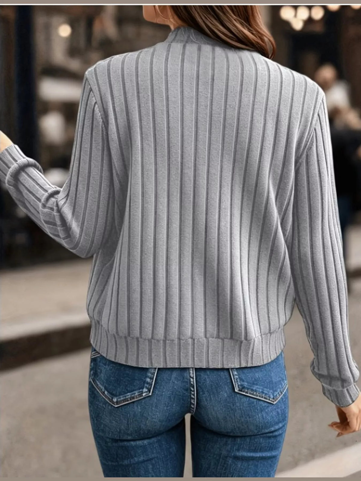 Ribbed Knit Zip-Up Bomber Jacket — back view