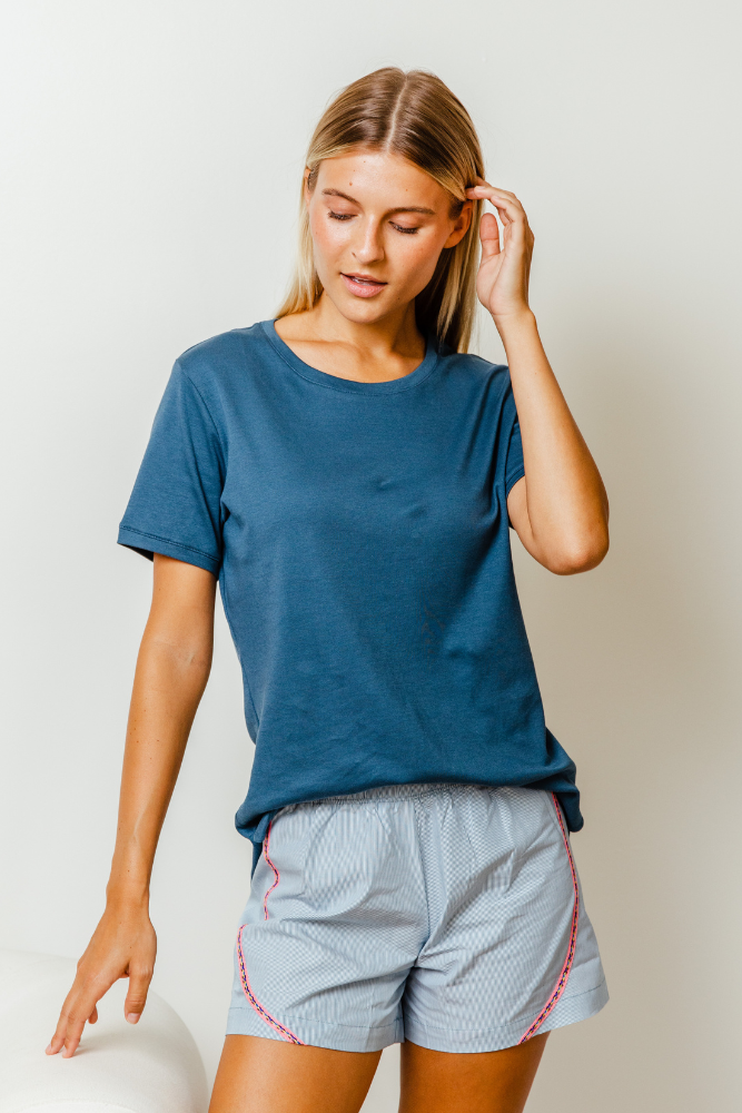 Ocean-blue crewneck tee and striped Pima cotton poplin shorts