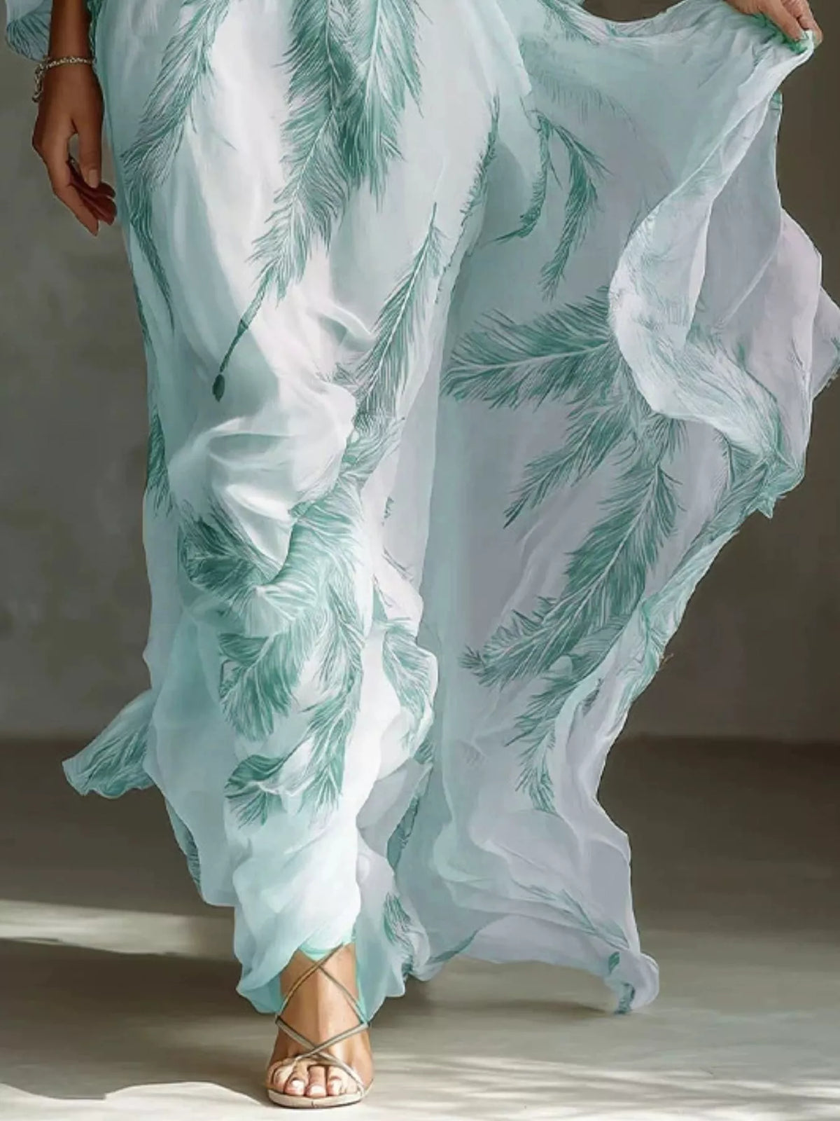 Feather-print V-neck flowy maxi dress