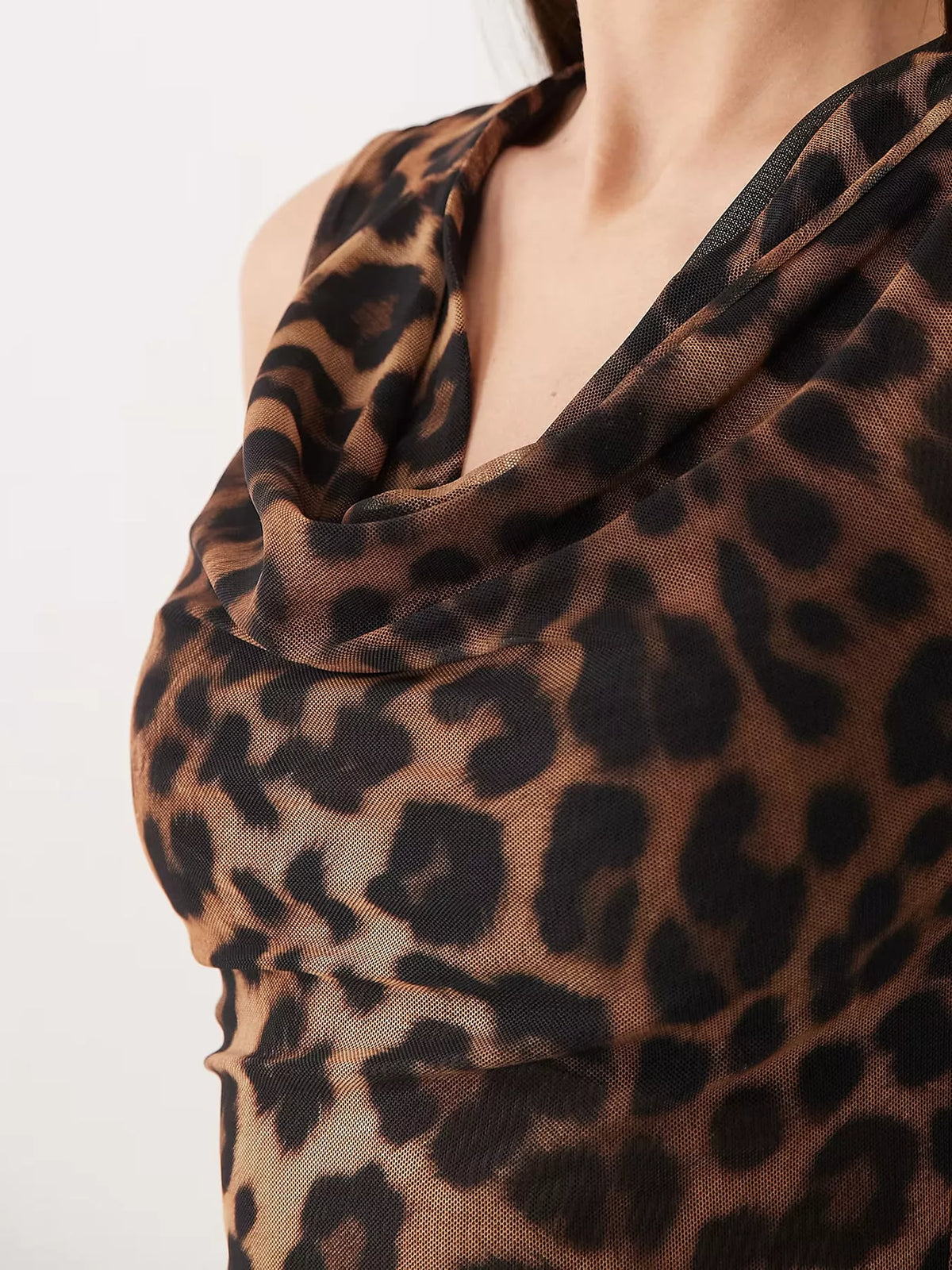 Leopard Print Cowl Neck Sleeveless Tank Top, detail view in leopard print
