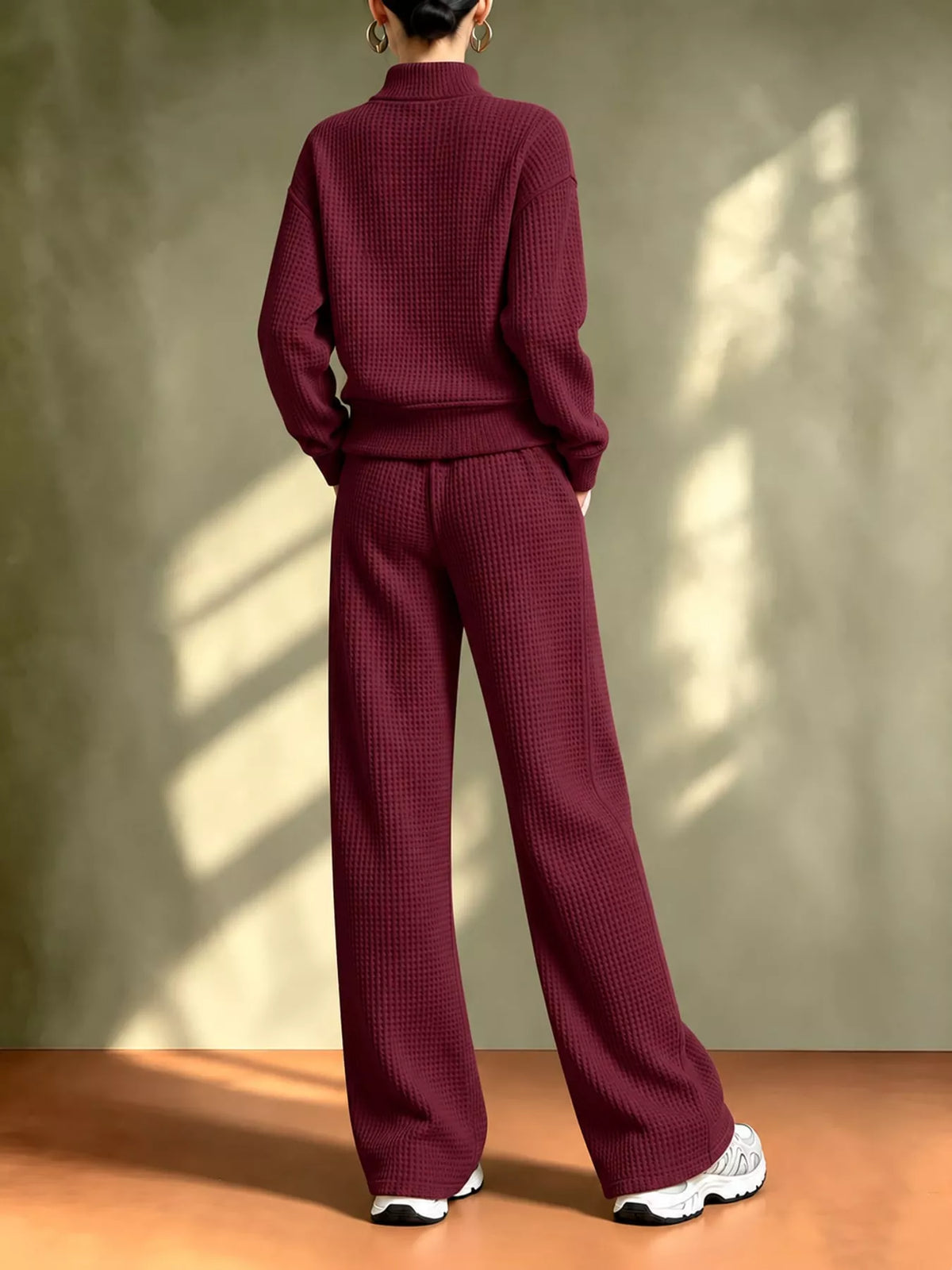 Burgundy waffle knit button-up outerwear and wide-leg pants set, back view