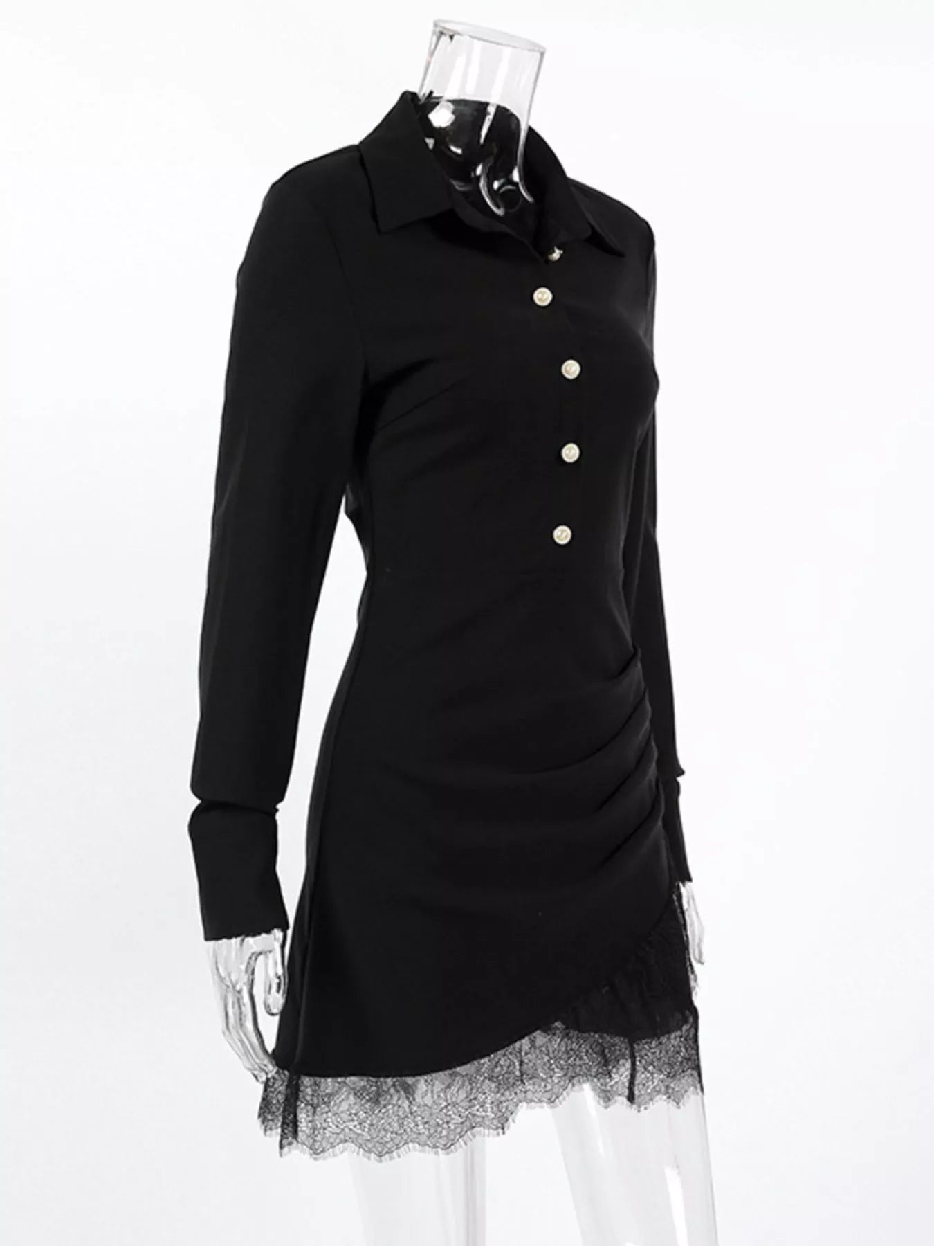 Trendsi Long-Sleeve Shirt Dress with Lace Hem -