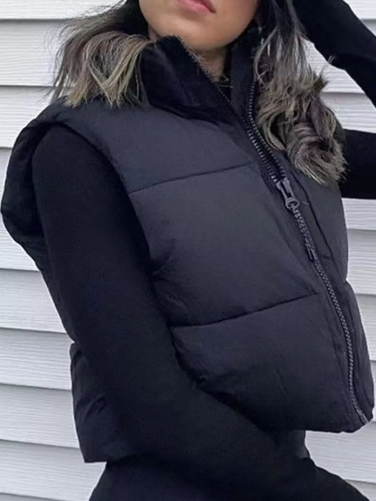 Cropped Zip-Up Puffer Vest in black, front view