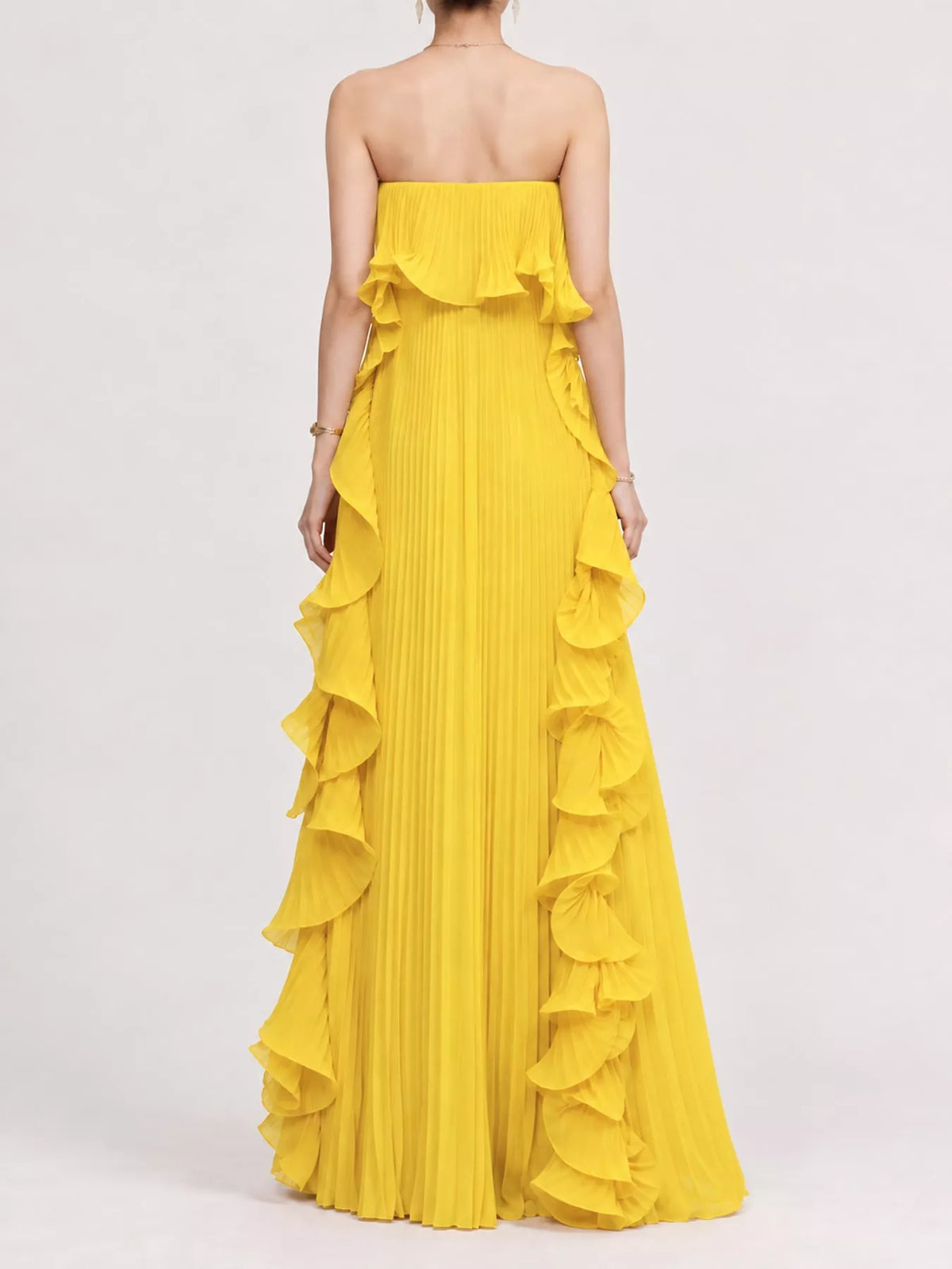 Ruffled Strapless Pleated Maxi Dress — back view
