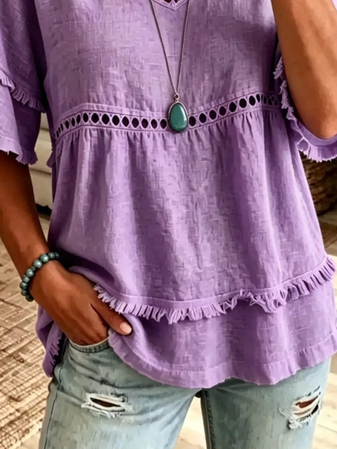 Trendsi Eyelet V-Neck Frayed Edge T-Shirt -