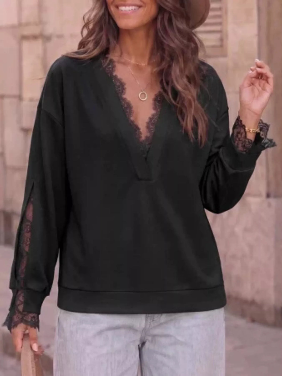 Lace Trim Split Sleeve Sweatshirt in black, front view