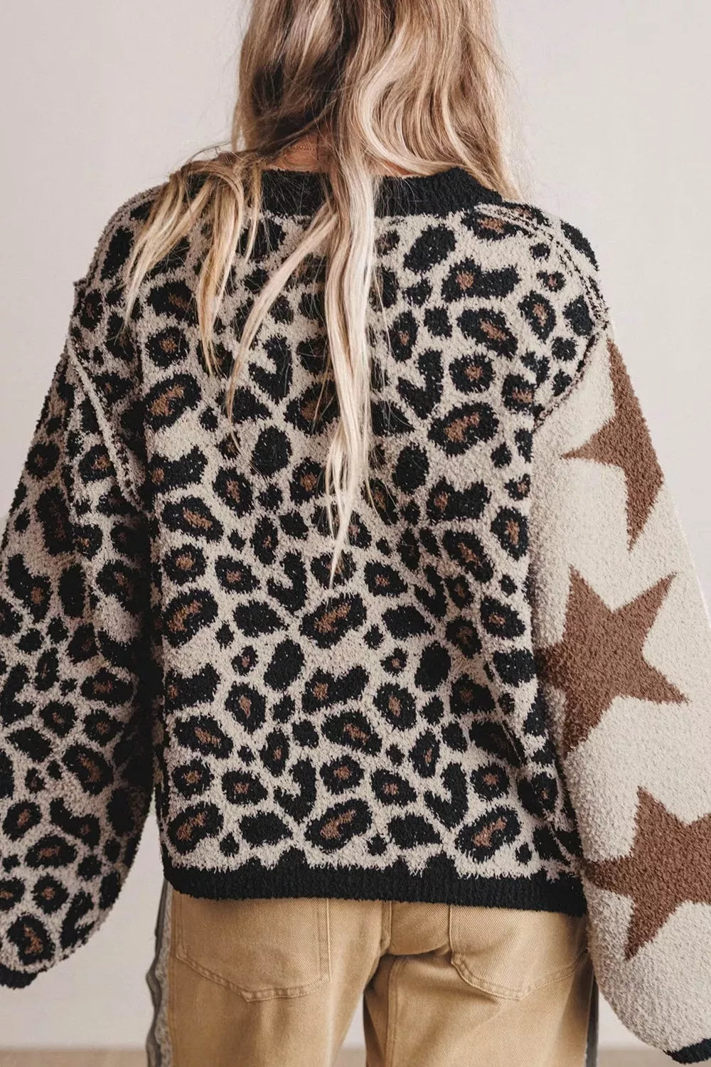 Trendsi Leopard Star Pattern Round Neck Long Sleeve Shift Sweater -