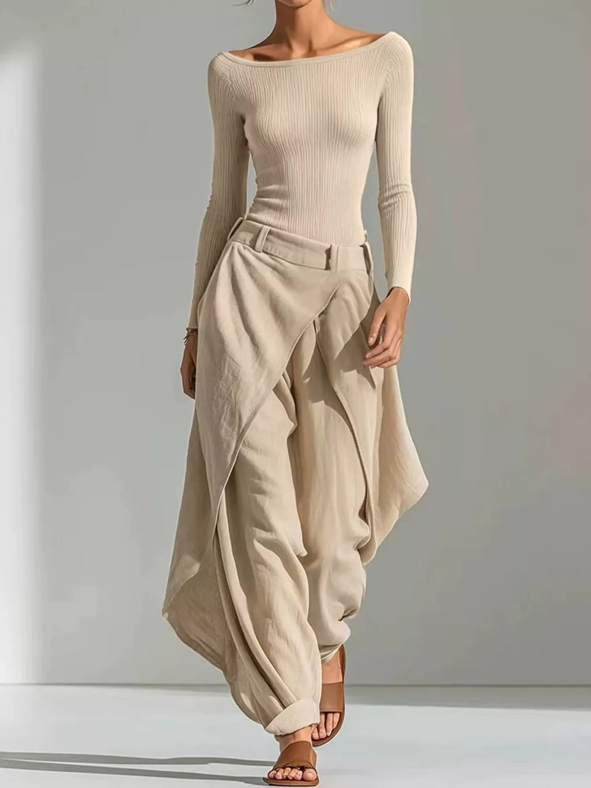 Beige boat neck long sleeve top and wrap pants set — front view
