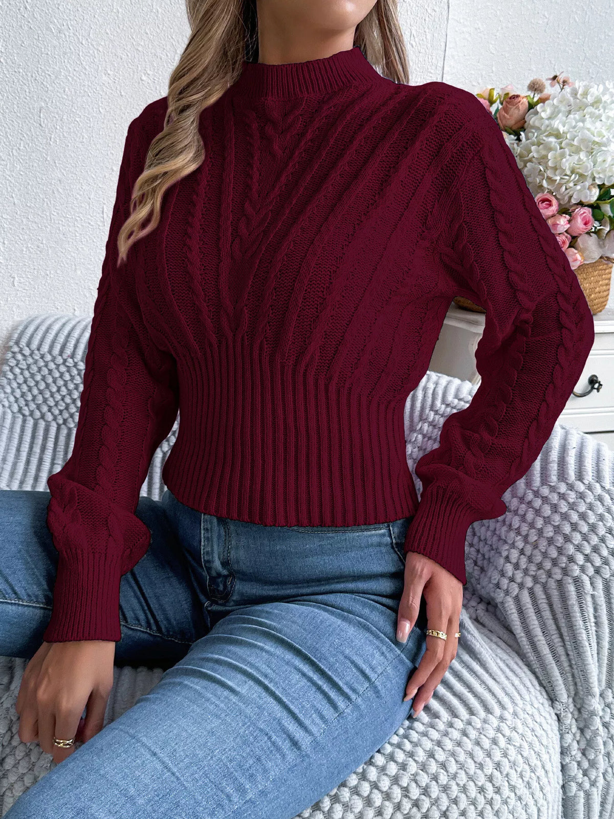 Pink cable knit mock neck sweater