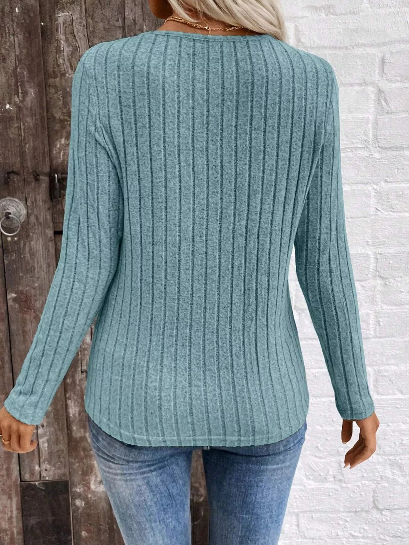 Trendsi Ribbed V-Neck Long Sleeve T-Shirt -