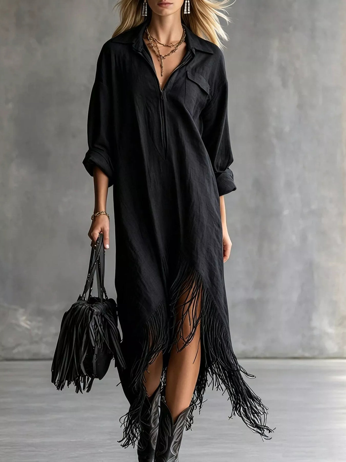 Zipper-Front Fringe Hem Midi Dress in black, front view