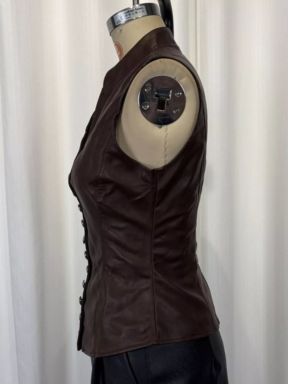Faux Leather Button-Down Vest in coffee, side view