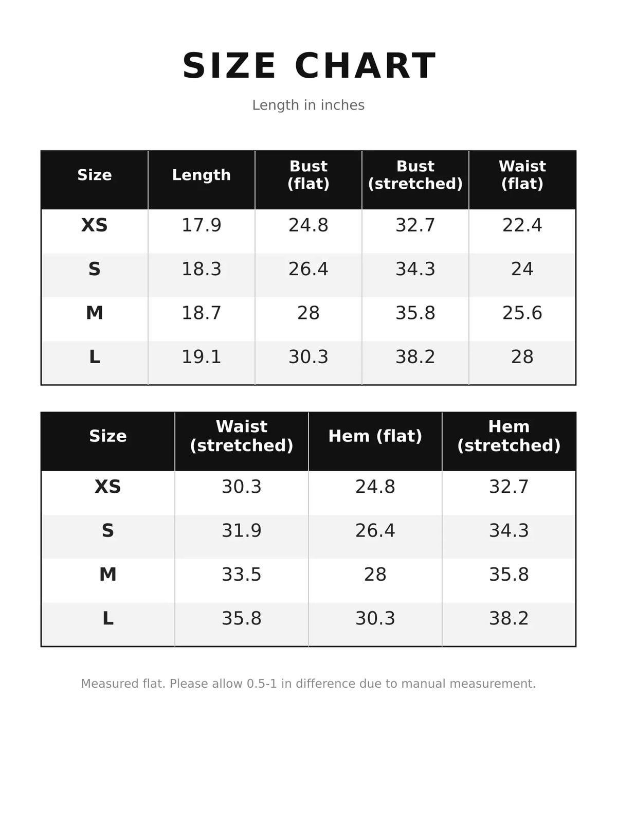 Ribbed Racerback Tank Top — size and measurement chart