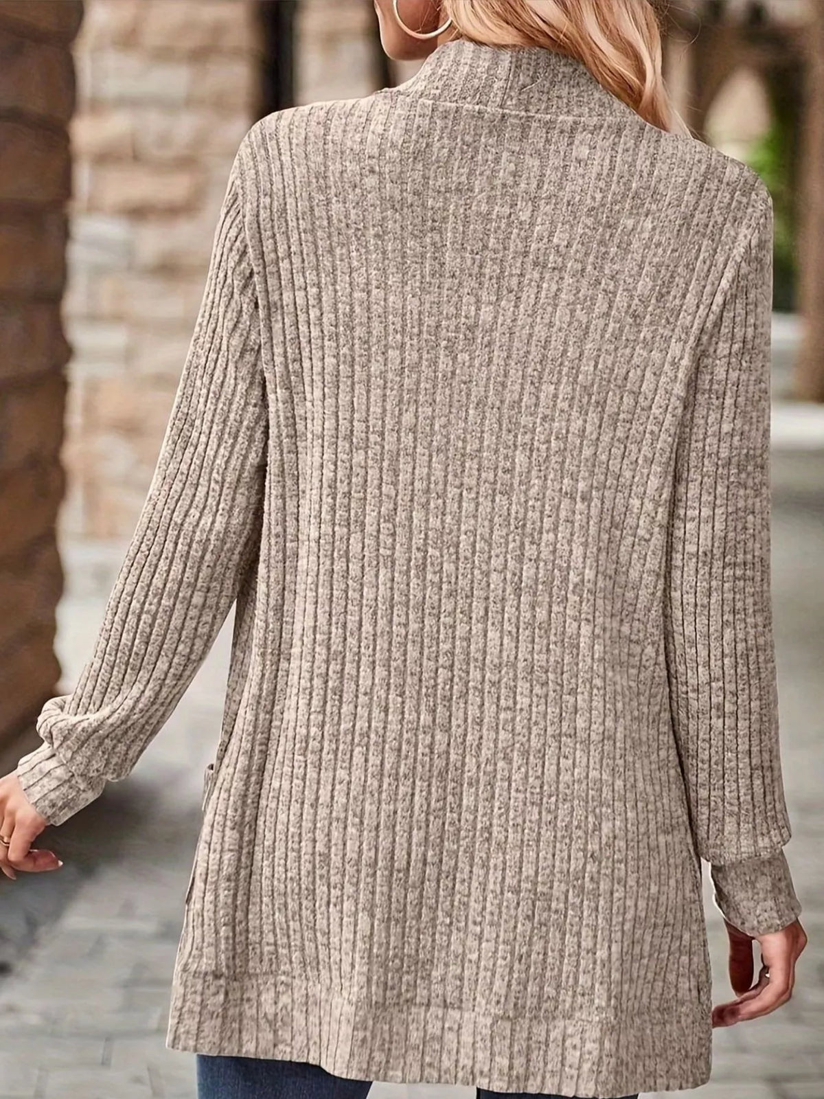 Ribbed Knit Open Front Cardigan with Pockets — back view