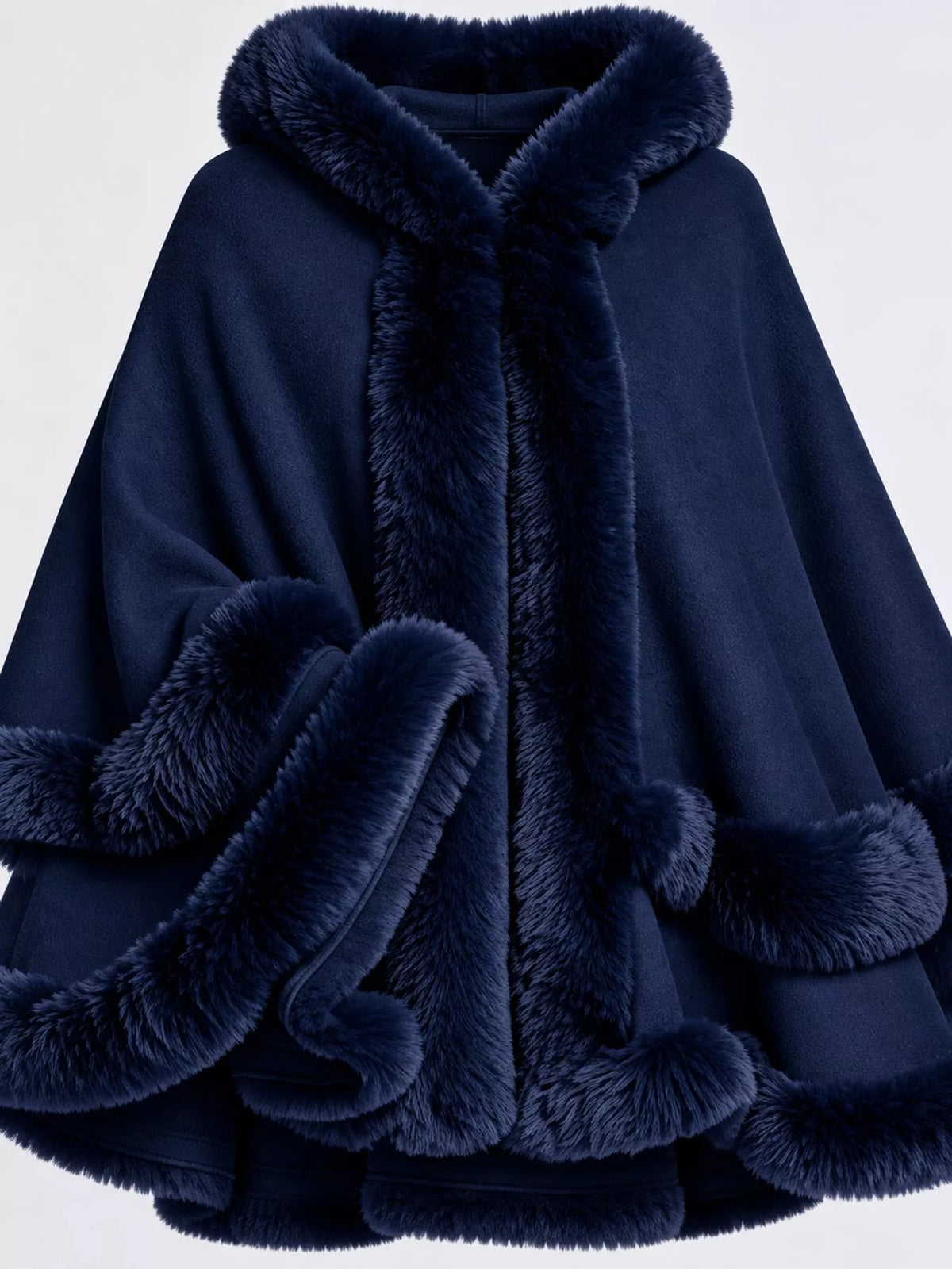 Faux-fur-trim cape, navy trim detail