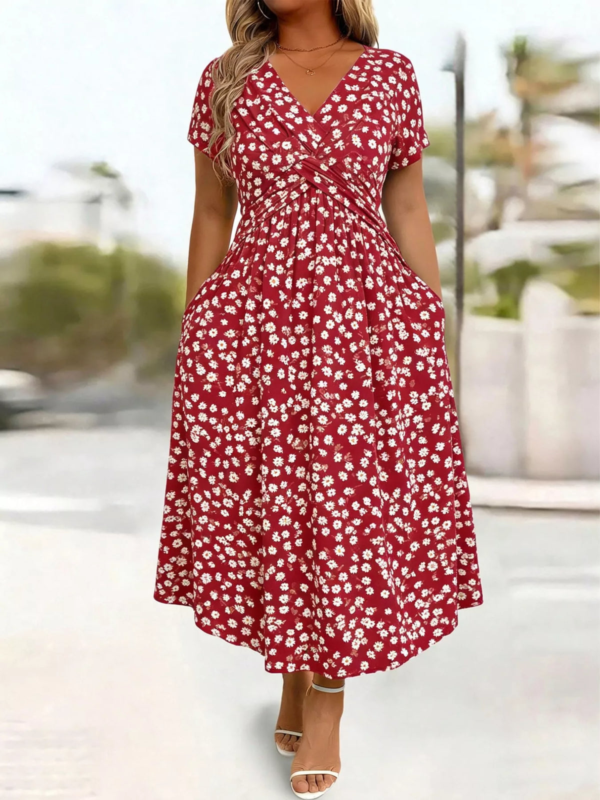Red floral short sleeve midi dress with pockets, front view