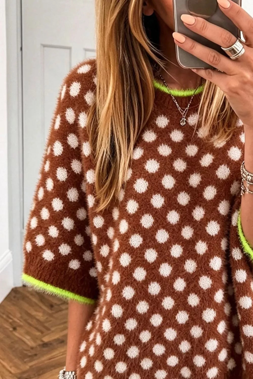 Caramel Polka-Dot Three-Quarter Sleeve Sweater front view