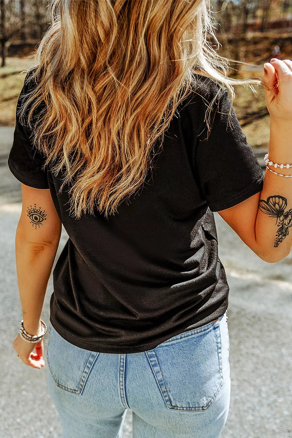 Rhinestone Ghost Round Neck T-Shirt in black, back view