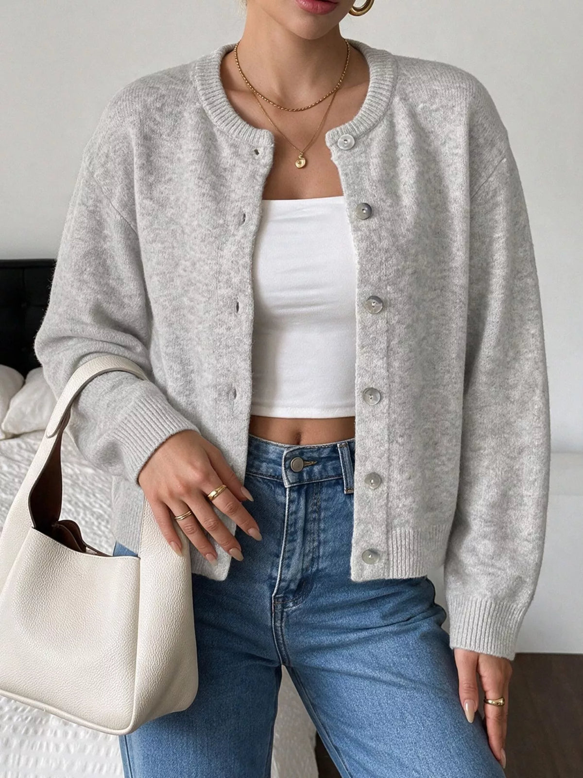 Trendsi Crew Neck Button-Down Cardigan -