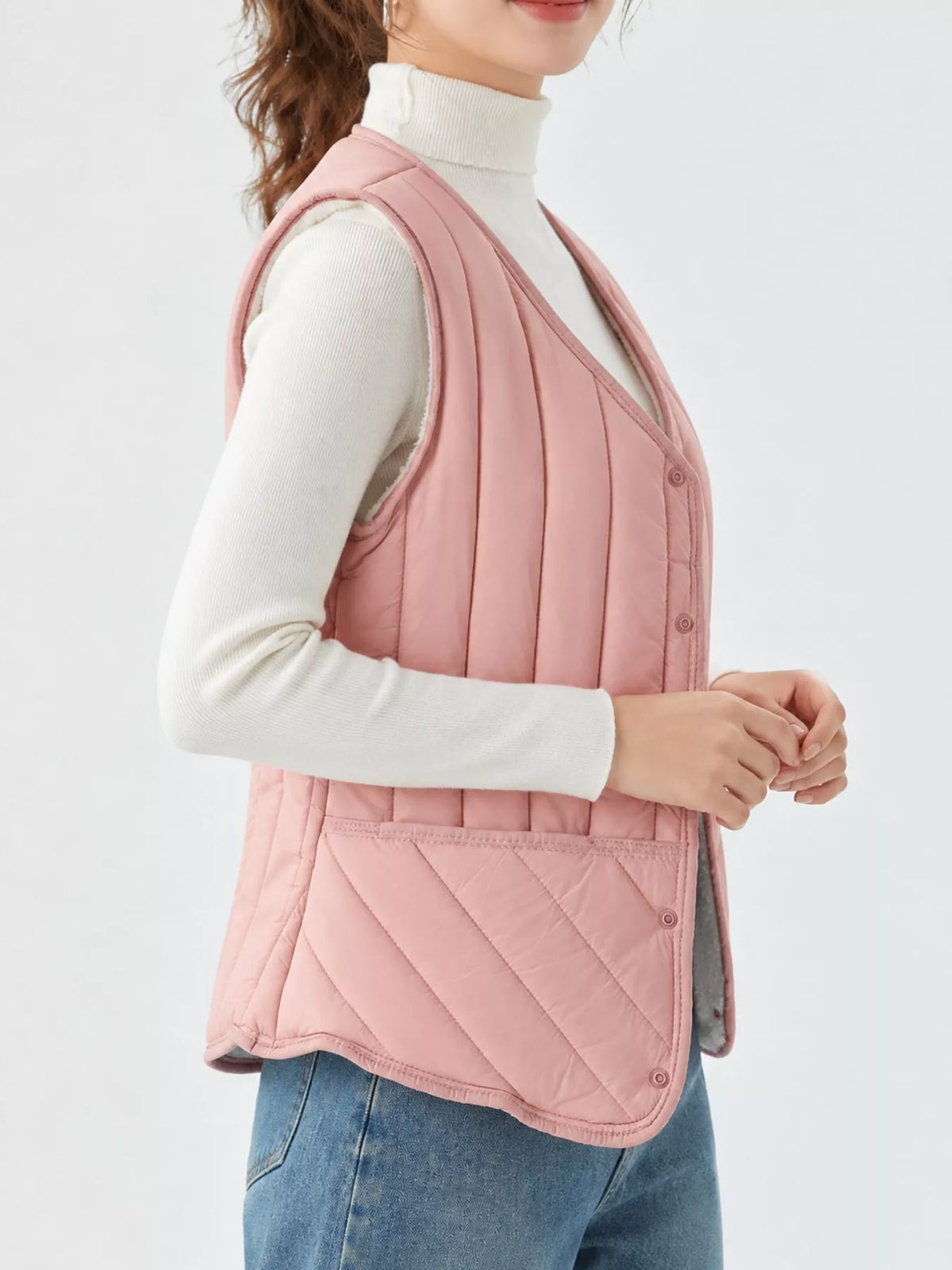 Quilted Button Up Vest in pink, side view