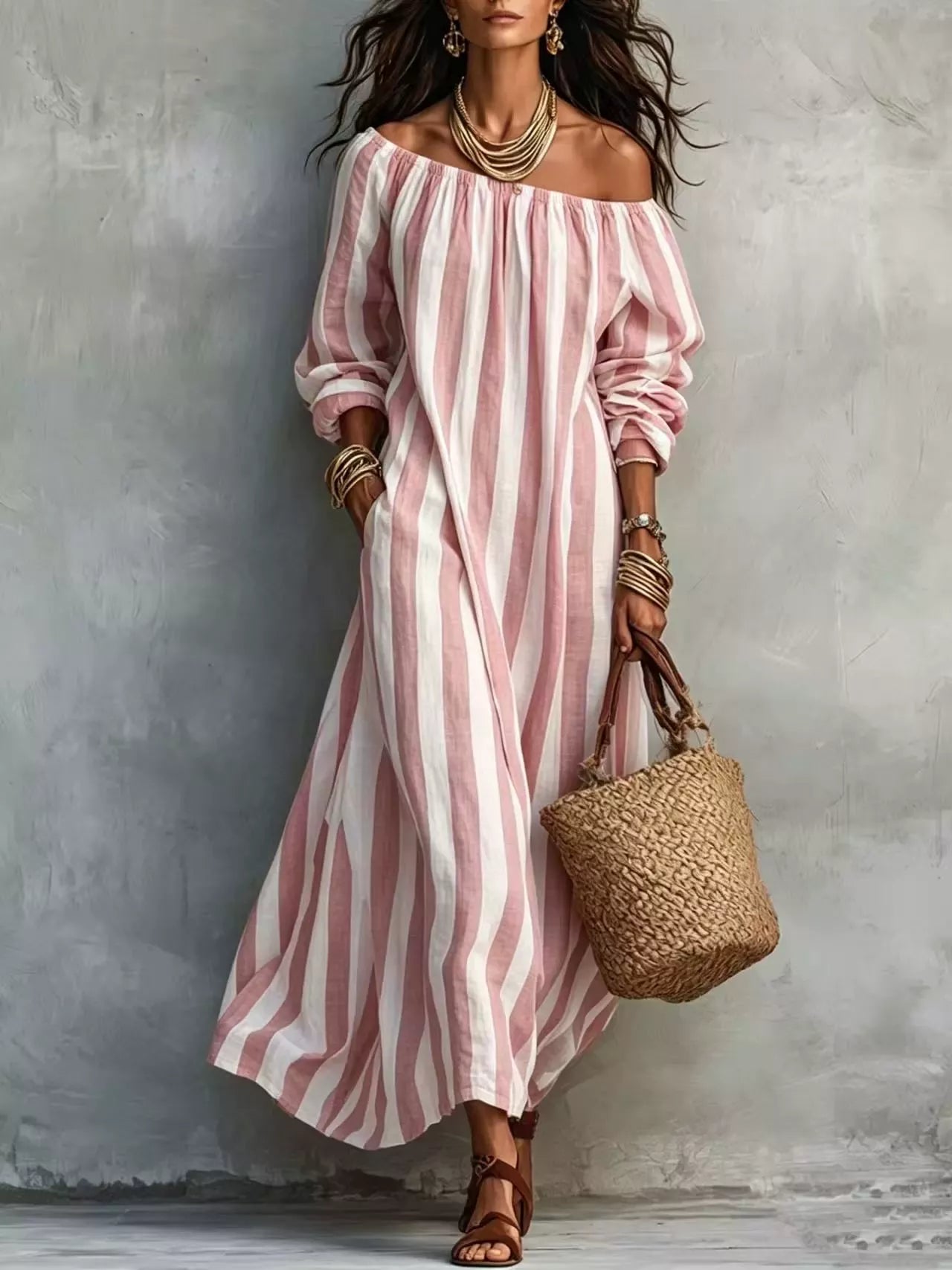 Trendsi Off-Shoulder Striped Dress with Pockets -