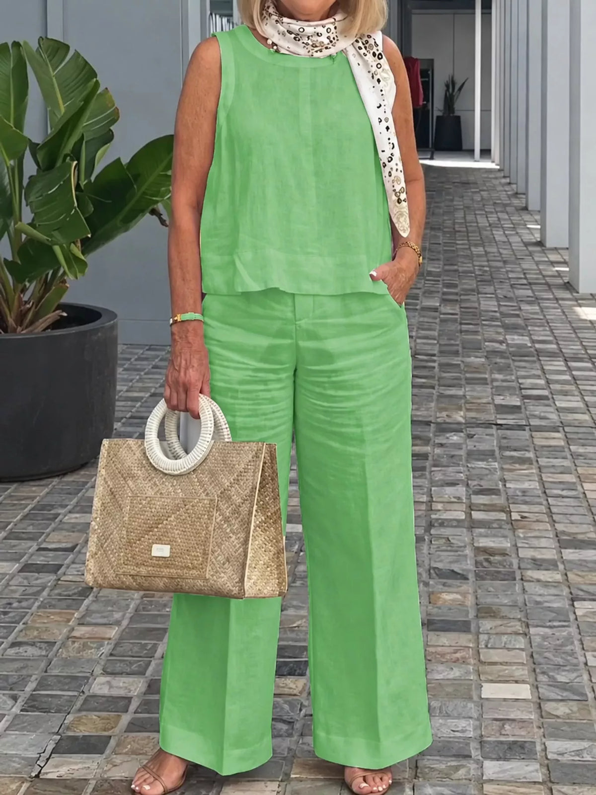 Sleeveless Top and Wide-Leg Pants Set — front view