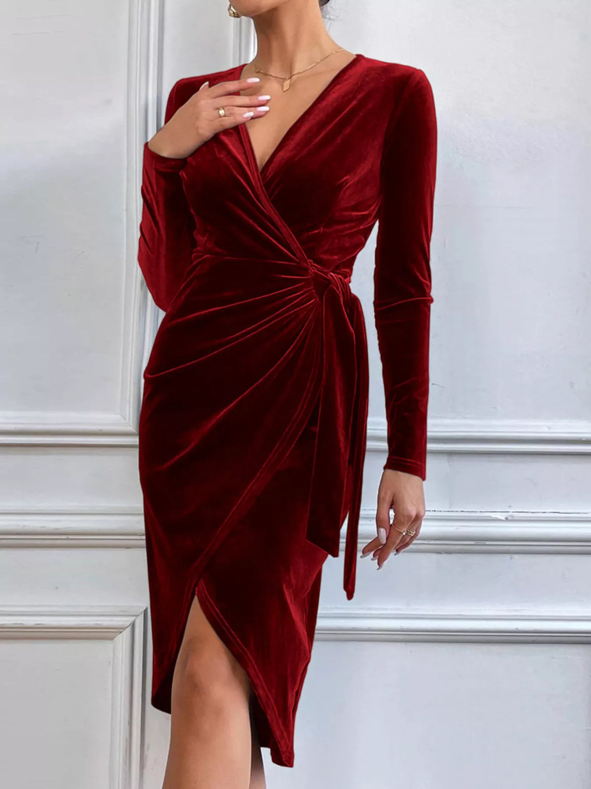 Velvet wrap long sleeve midi dress