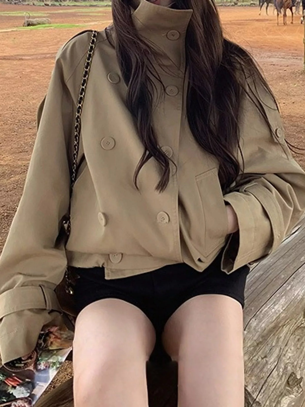 Beige double-breasted cropped trench jacket, collar and pocket view