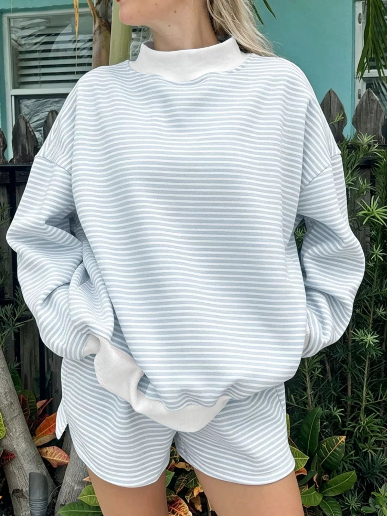 Trendsi Striped Mock Neck Sweatshirt and Shorts Set -