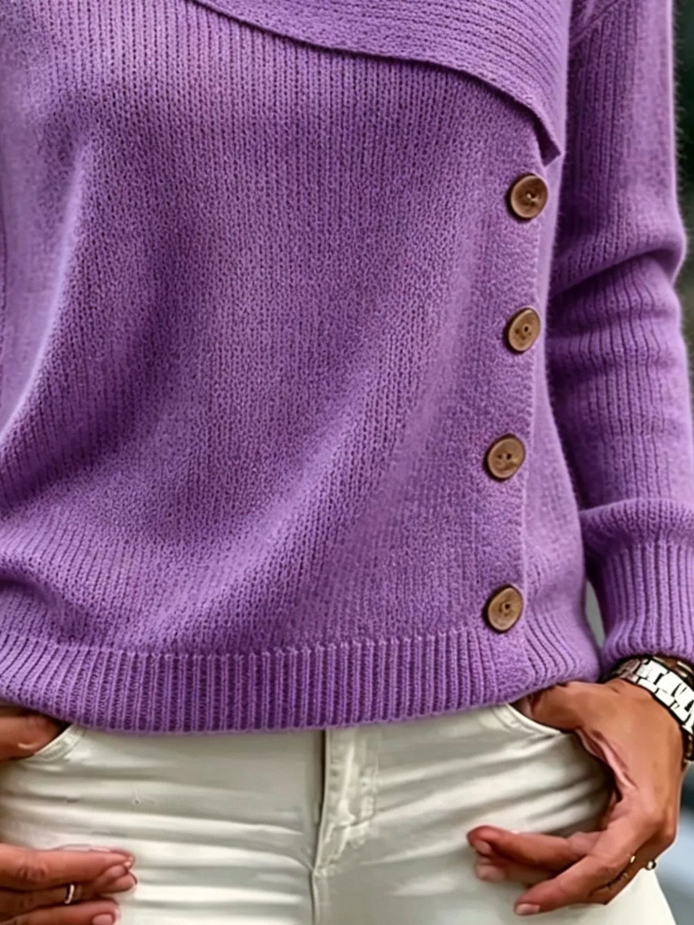 Trendsi Full Size Asymmetrical Decor Button Sweater Plus Size -