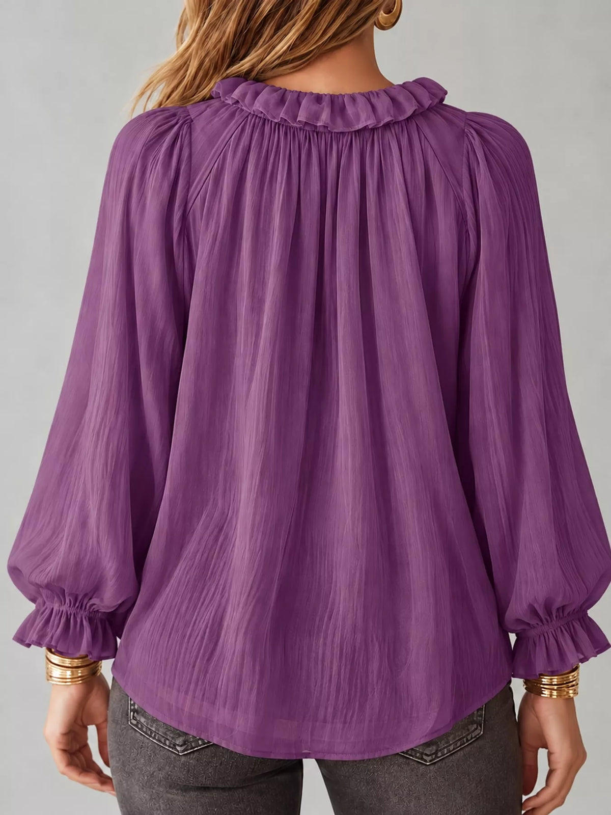 V-neck long sleeve blouse, back view