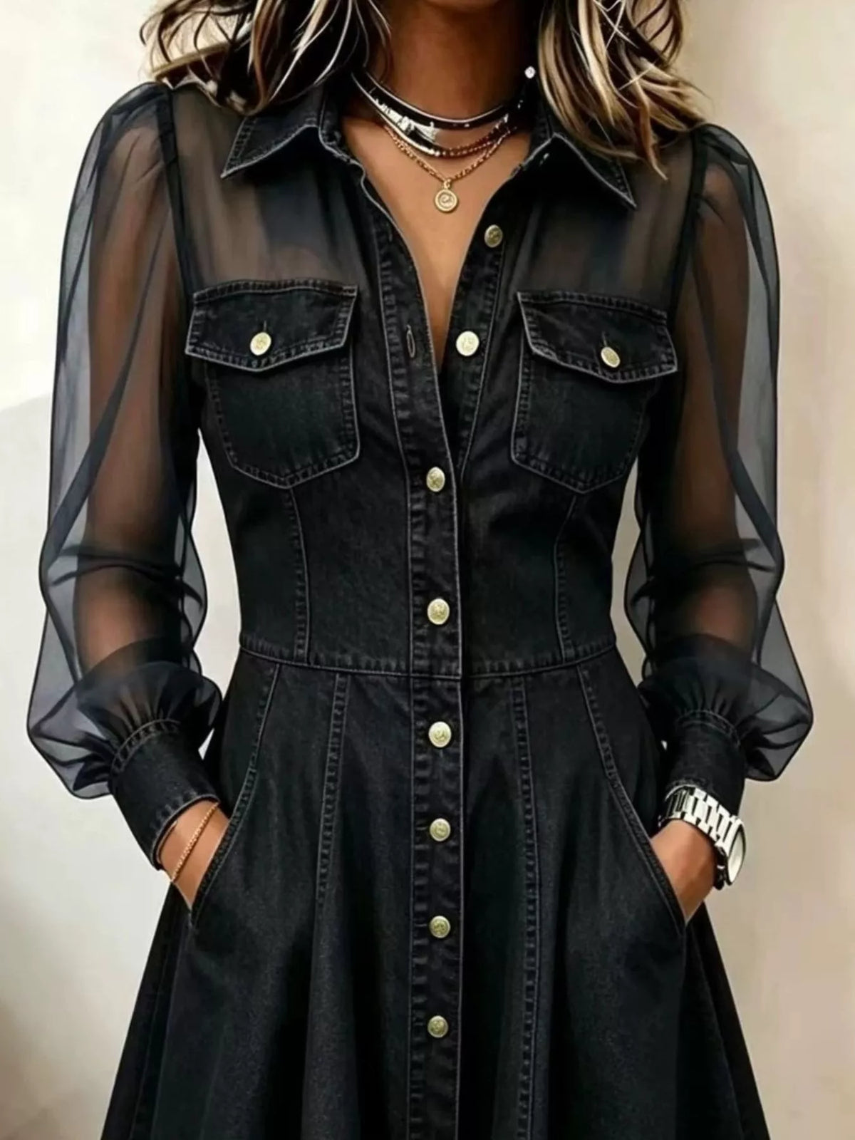 Black sheer mesh long sleeves shirt dress — design and construction details