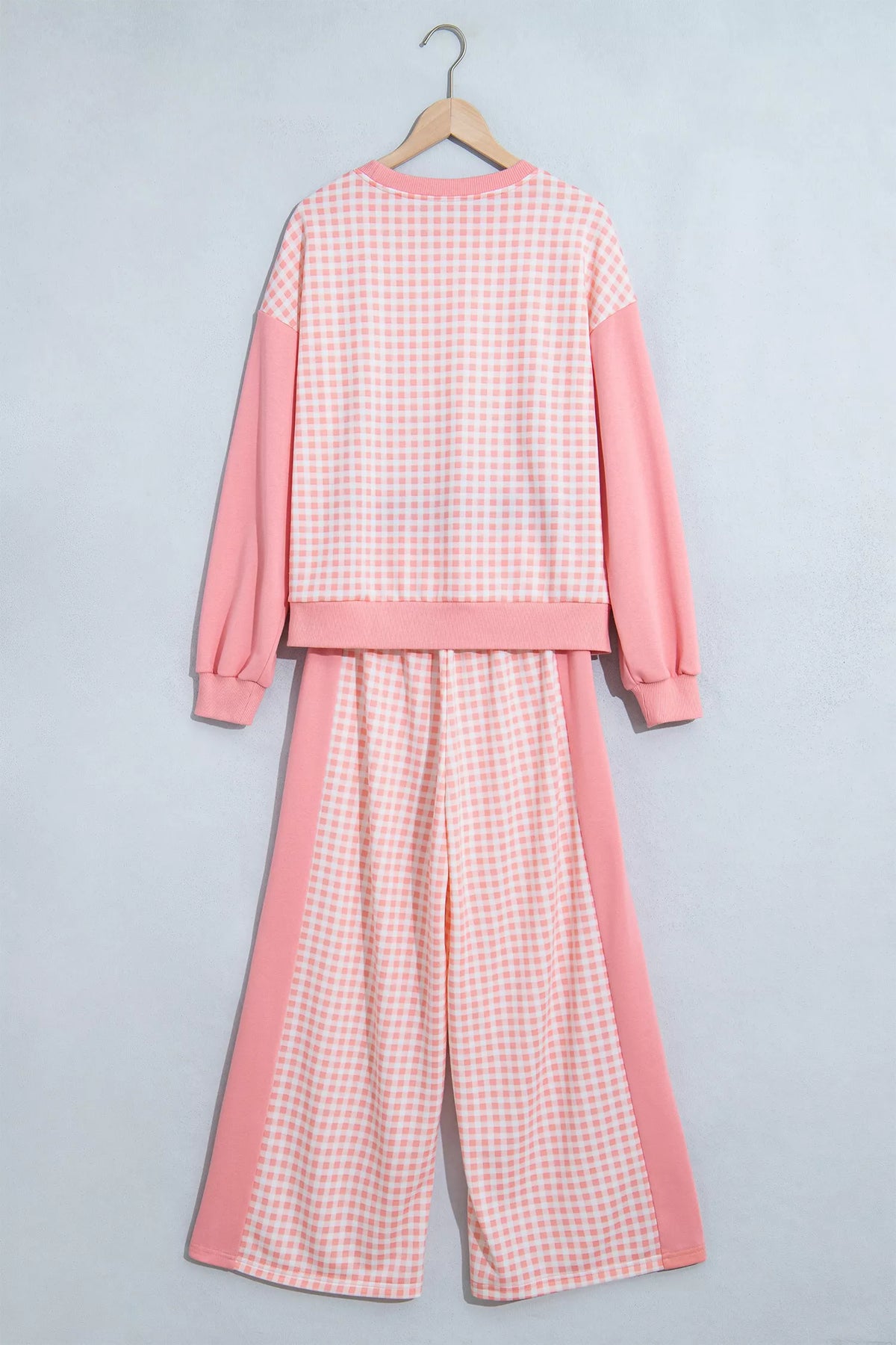 Burnt Coral Plaid-Patchwork Pullover & Wide-Leg Pants Set back flat lay