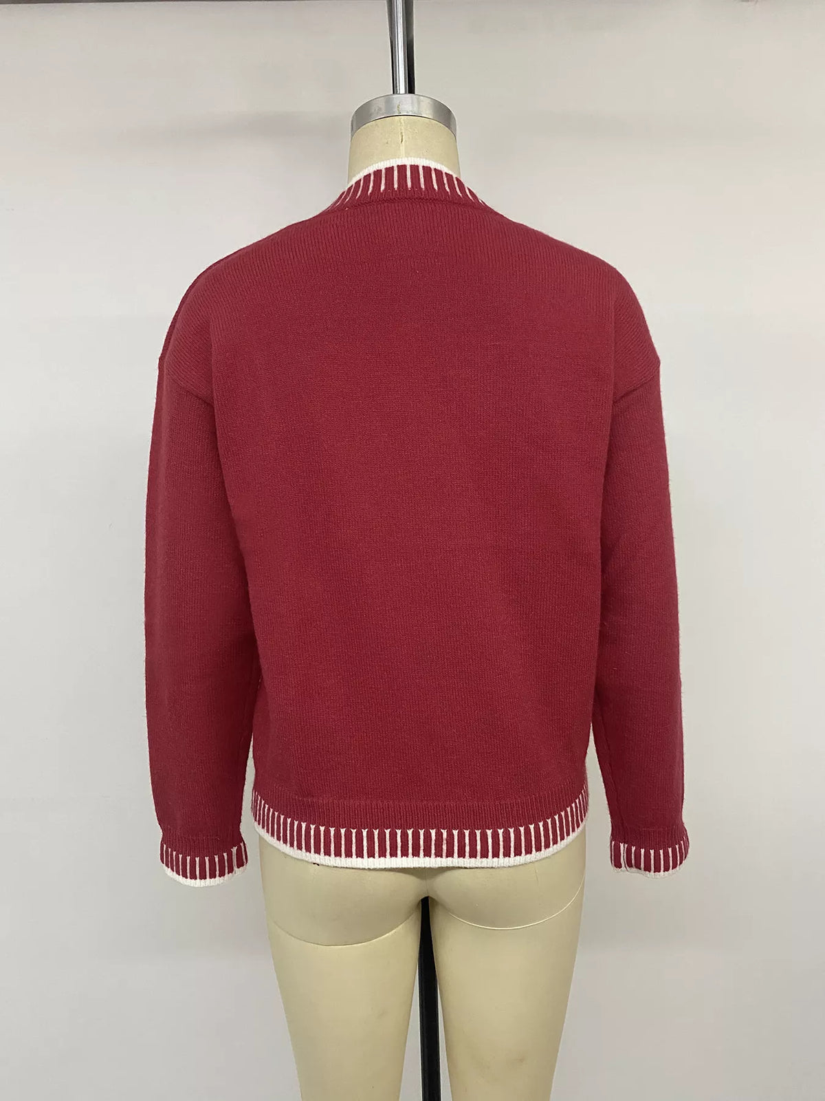 Red merry letter crew neck sweater, back view