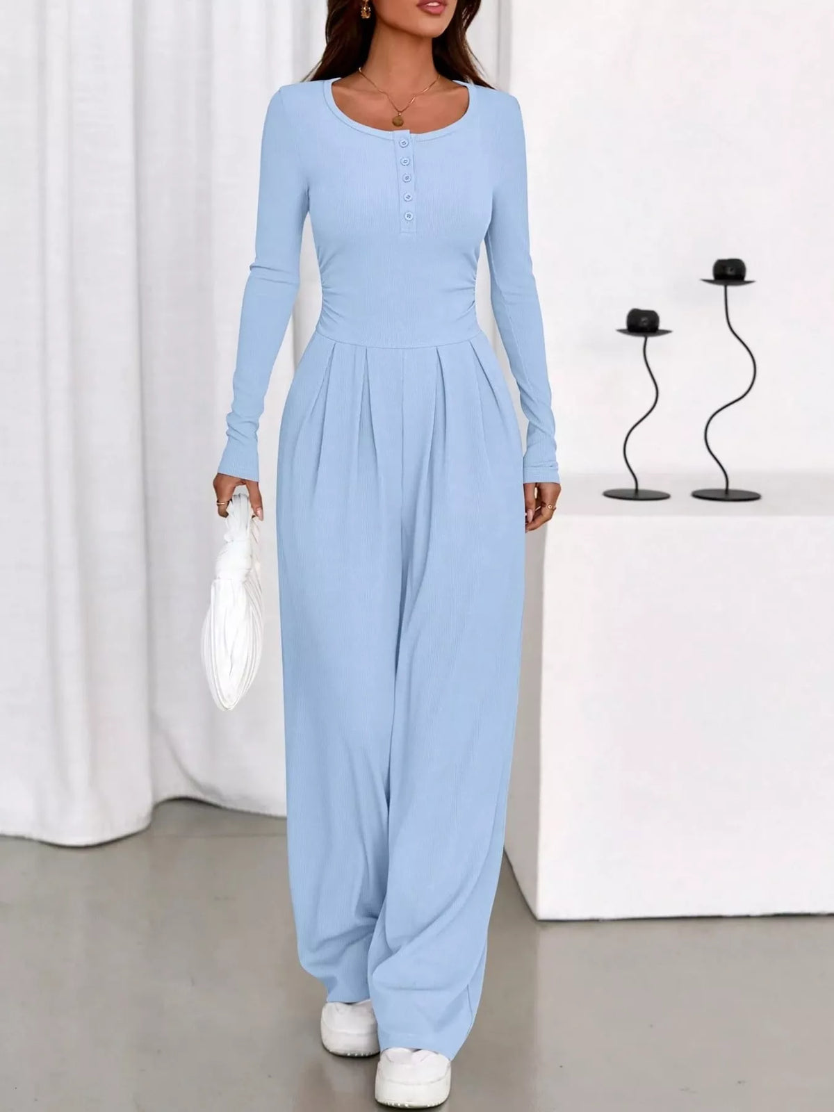 Long Sleeve Ribbed Knit Wide-Leg Jumpsuit — front view