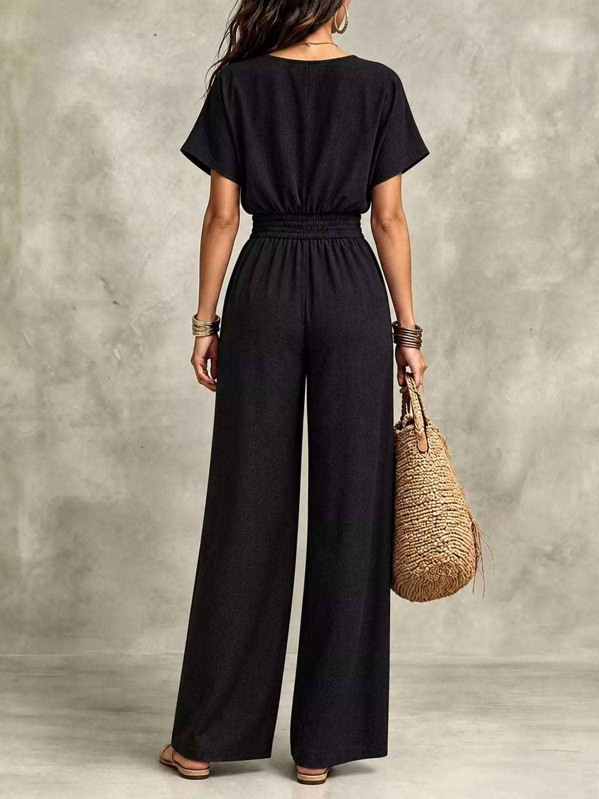 Wide-leg short-sleeve jumpsuit, back view