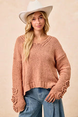 Trendsi BiBi Chunky Knit Sweater with Flower Detail Sleeves -