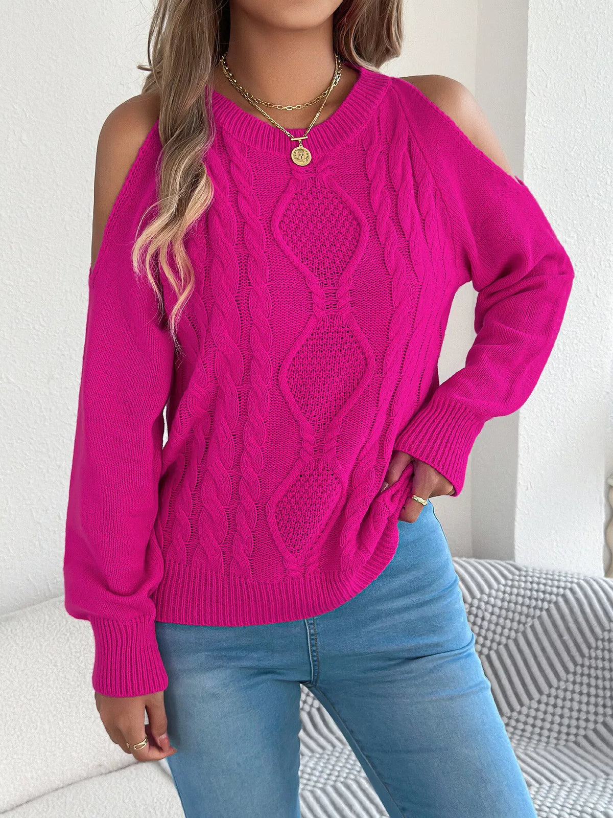 Fuchsia Pink cold shoulder cable knit sweater