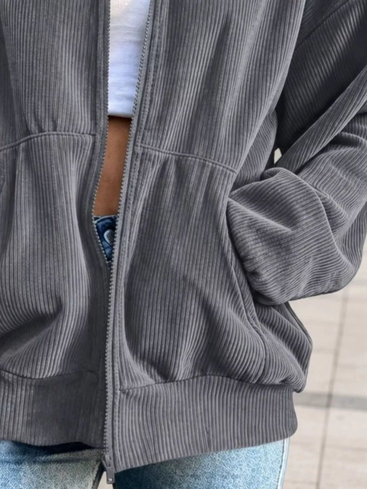Gray corduroy zip-up jacket, patch pocket and cuff detail