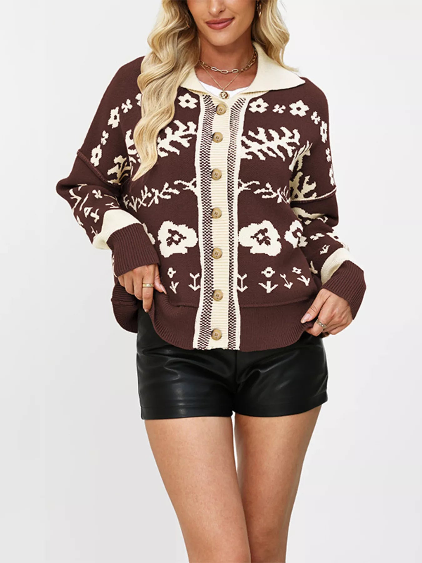 Trendsi Floral Pattern Knit Cardigan with Contrast Collar -