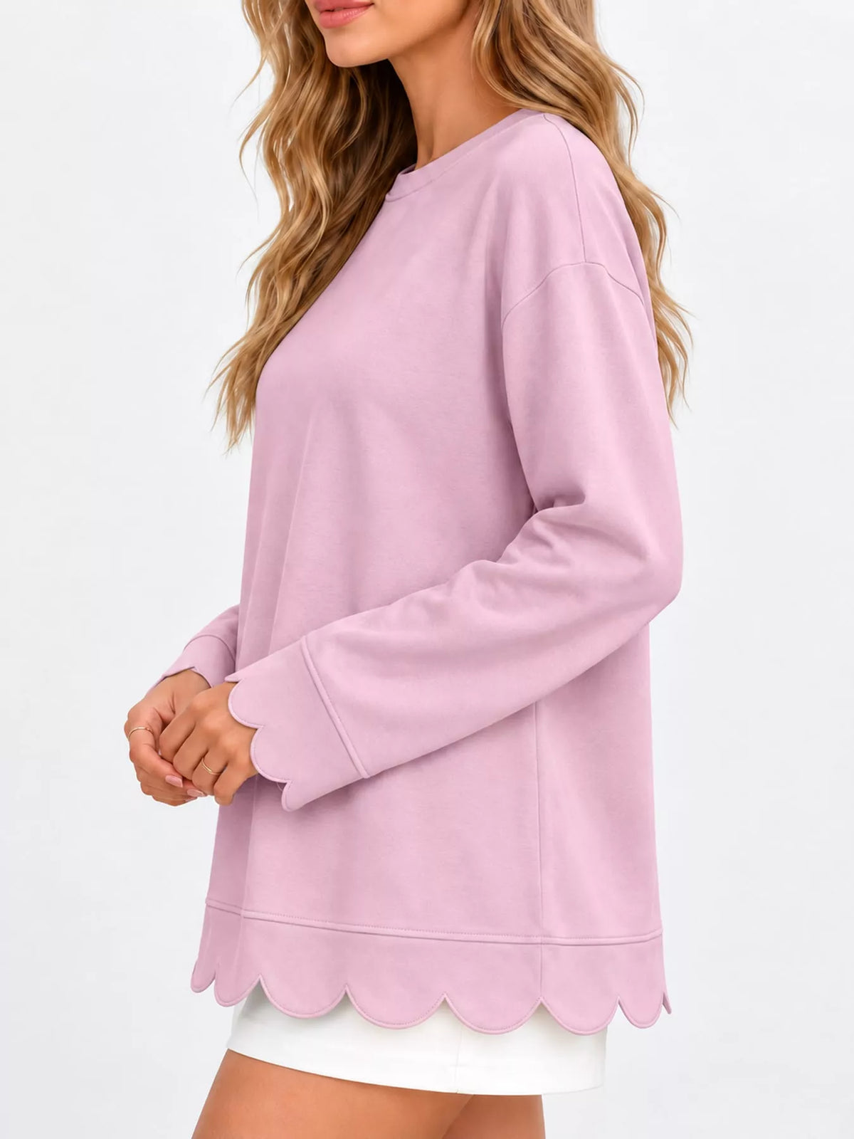 Pink Purple scalloped hem crewneck sweatshirt