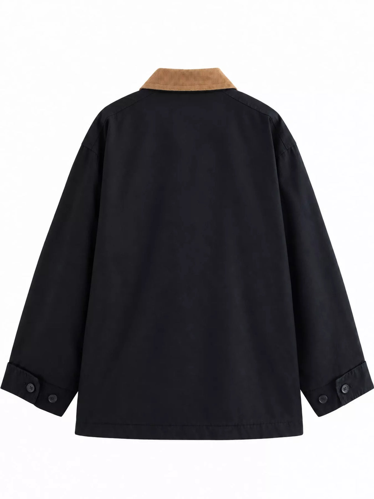 Black contrast corduroy collar button-up jacket — back view
