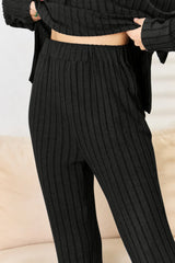 Trendsi Basic Bae Full Size Ribbed Drawstring Hooded Top and Straight Pants Set -
