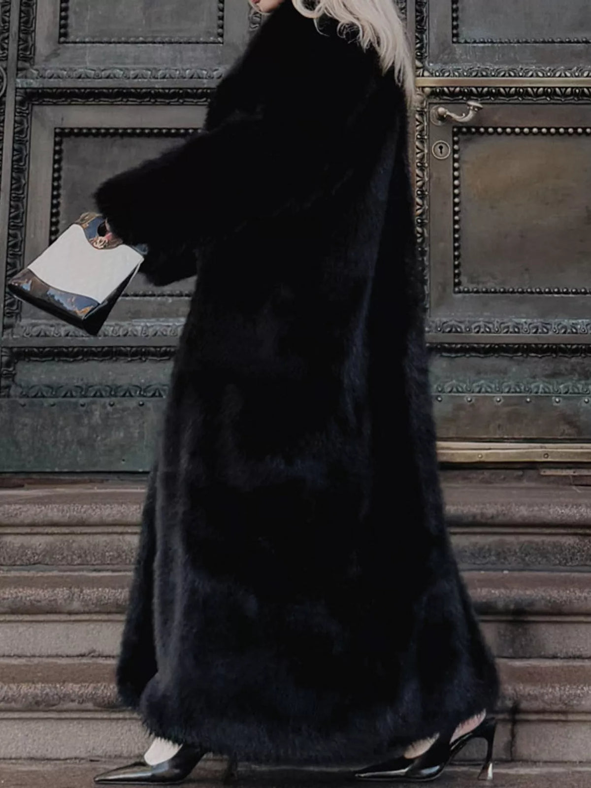 Faux Fur Open Front Longline Coat in black